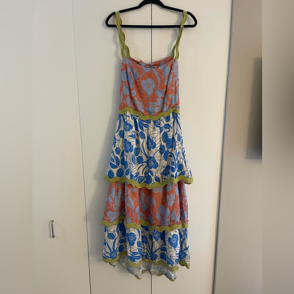 NWT Farm Rio Linen Blend Tiered Rickrack Midi Dress Large - Picture 3 of 10